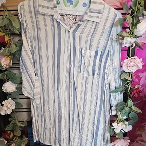 About A Girl Women's Blue Stripe Button Down w/ Lace Detail Size Large